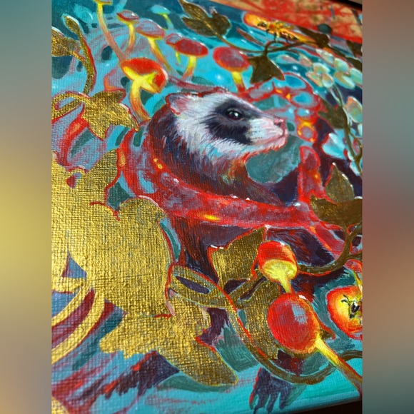 Ferret Mushroom Gold Accent Painting Original Art honeybee Artwork Artettina USA - Picture 9 of 11